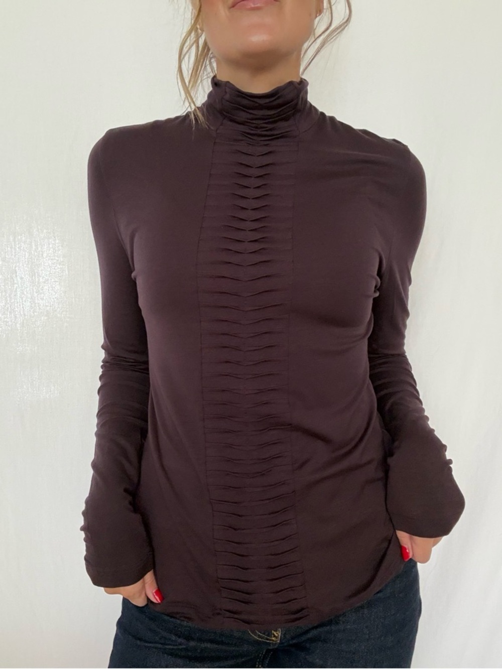 Akris Punto Dark Plum Ruched Mock Neck Long Sleeve Top
